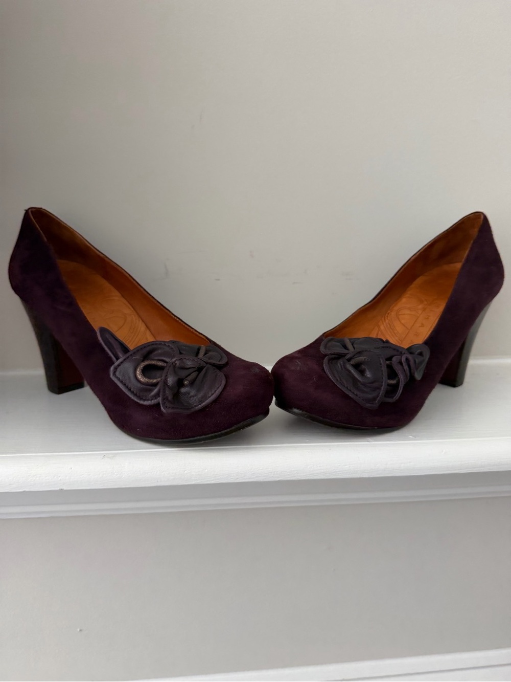 Chie Mihara Deep Plum Suede Heels with Leather Rosette